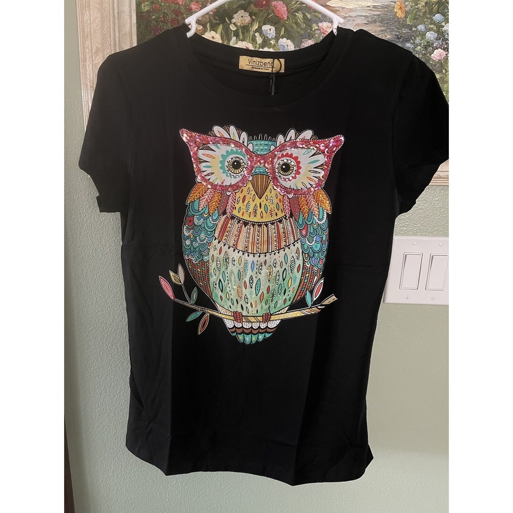Colorful Rhinestones Owl Woman Black Size Small Shirt Top New